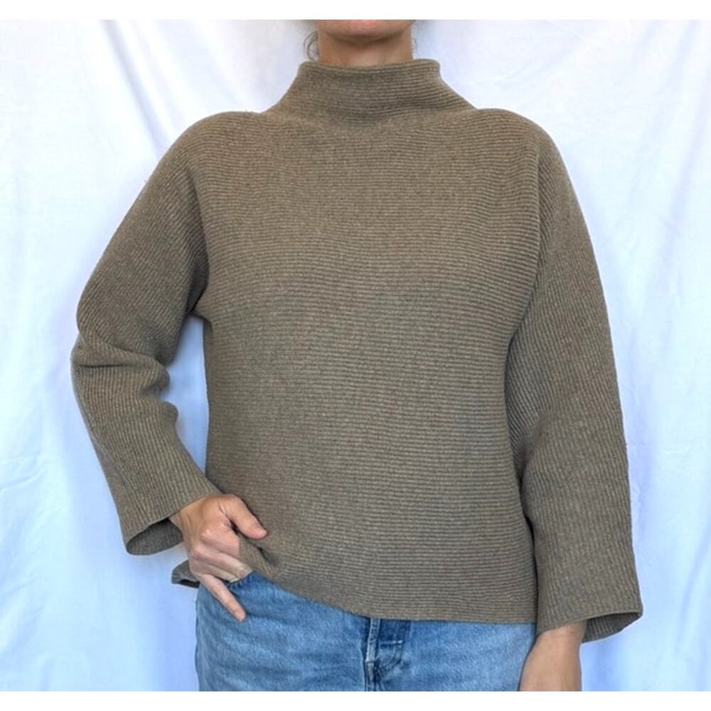 Vince Mock Funnel Neck Horizontal Ribbed Wool Cashmere Sweater Taupe Brown, Med